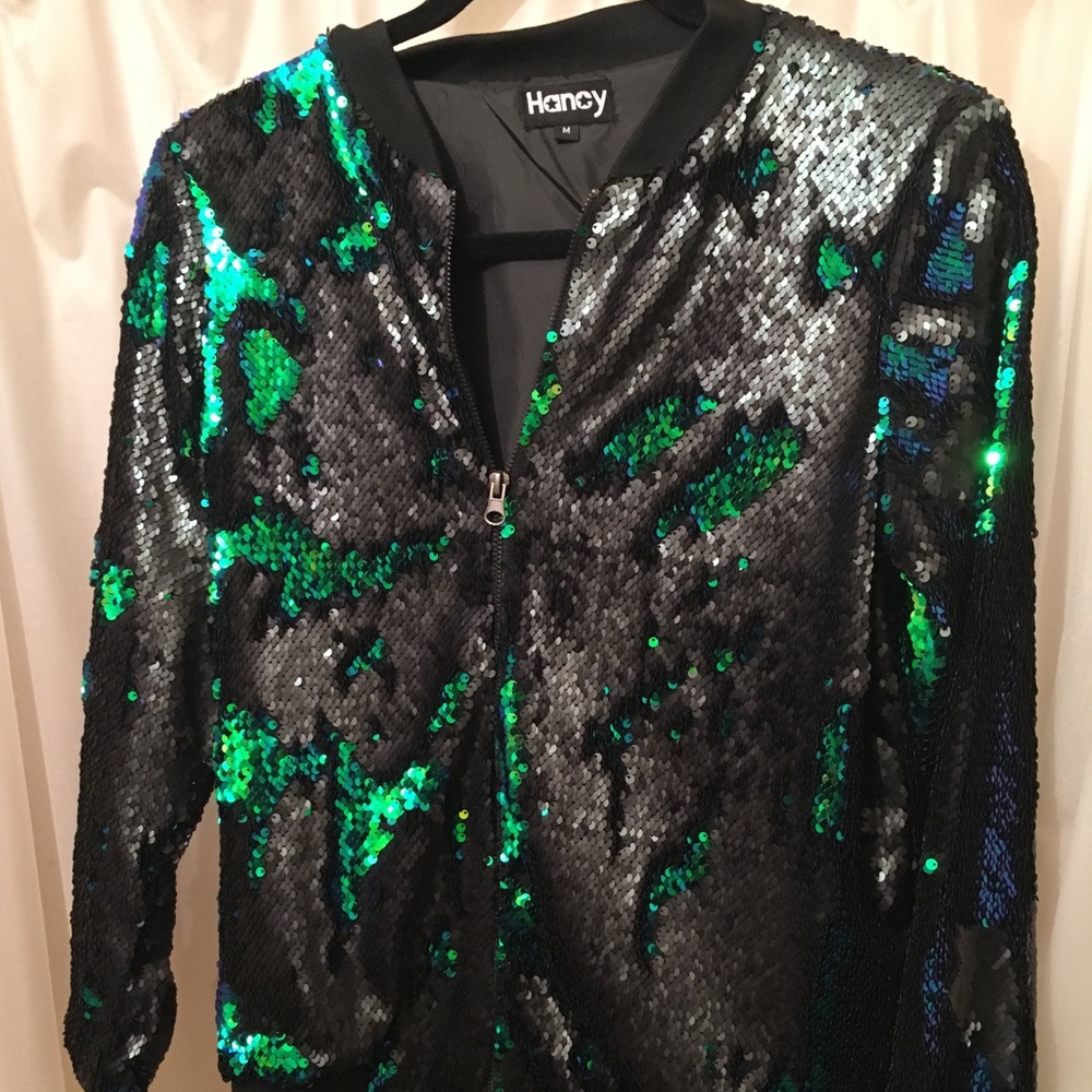 Sequin Jacket: Matte Black/Green Blue on reverse